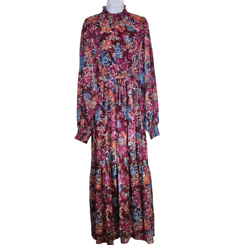 AURA Floral Maxi Dress Burgundy Boho Mock Neck Lantern Sleeve Tiered Belted L - Picture 4 of 11